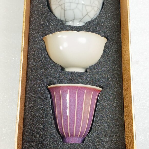 Five Famous Kilns Porcelain Tea Cup Set Chinese Decorative 5pc Gift Box NOB - Picture 5 of 13